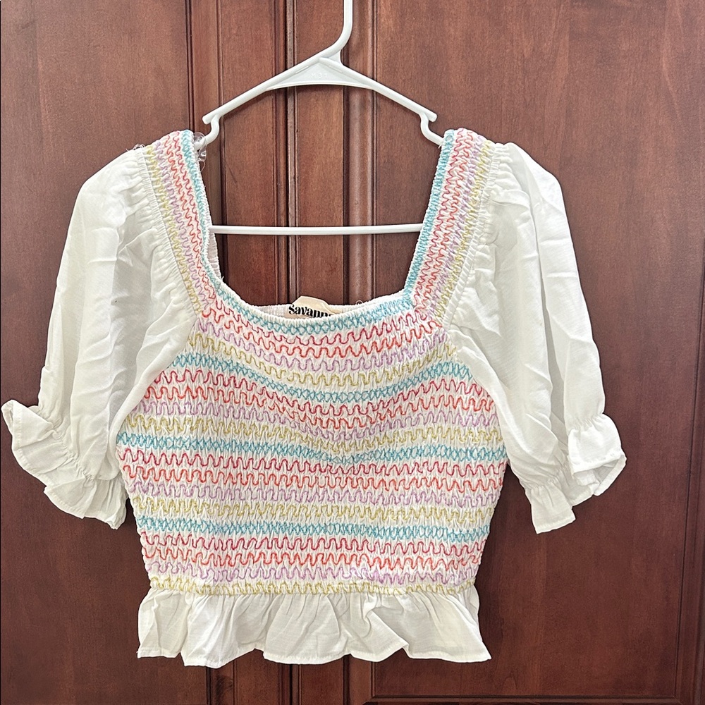 Savanna Jane White Blouse with Colorful Smocking